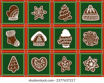 Nahtlose rechteckige Neujahrsausdrucke und Bilder von Cookies. Ideal für den Druck auf Geschenkpapier, Tischdecken, Bettwäsche, Stoff usw.