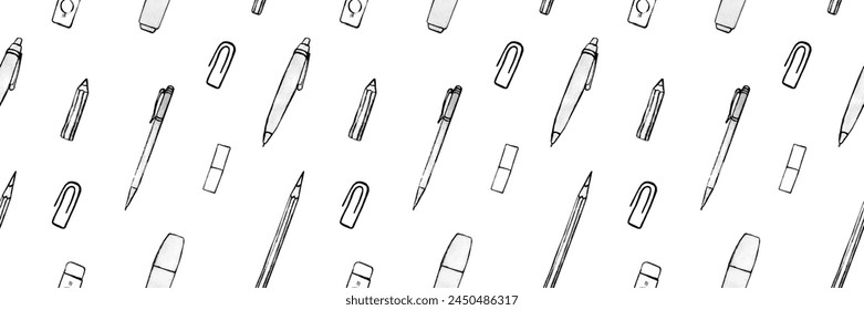 Seamless rectangular pattern with stationery on a transparent background in doodle style. Sketch of a pencil, eraser, pen, marker, paper clip drawn by hand.