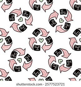 Seamless recycling pattern doodle and flat illustration with hearts

