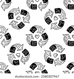 Seamless recycling pattern outline doodle illustration with hearts

