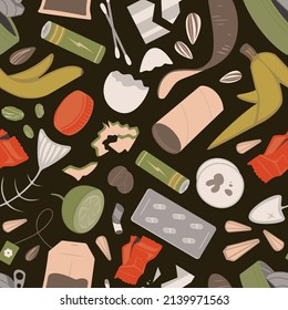A seamless recycling-themed pattern. Hand-painted in a cartoon style.