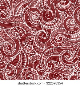 Seamless red abstract hand-drawn pattern, waves background. Doodle  Illustration Design 