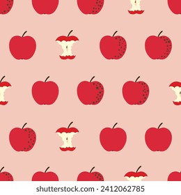 Seamless red apple and apple core pattern. Vector fruit background