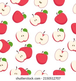 Seamless red apple fruit pattern whole and half