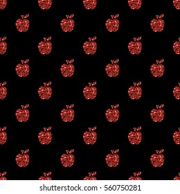 seamless red apple glitter pattern on black background