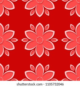 Seamless red background with 3d floral elements. Vector illustration