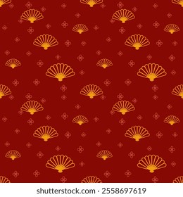 Seamless red background with beautiful golden Chinese fans. chinese new year background