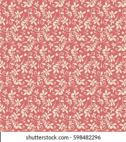 Seamless red background with beige leaves, design for packaging in trendy linear style. Ideal for printing on fabric or paper. Vector illustration. 