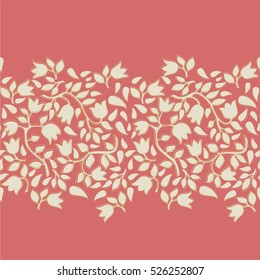 Seamless red background with beige tulips pattern.