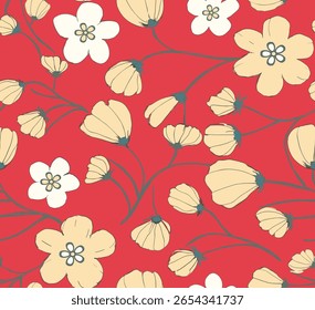 Seamless Red Background With Cream And White Floral Pattern.