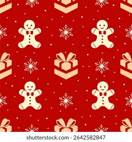 Seamless red background with cute gingerbread men, gift boxes, and white snowflakes. Ideal for Christmas cards, textiles, and party supplies.