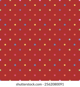 Seamless red background featuring evenly spaced multicolored polka dots in vibrant shades of blue, yellow, green, pink, and orange -  playful and cheerful design background - wrapping paper pattern.