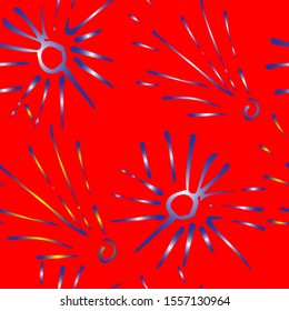 Seamless red background, fireworks and salute. Festive victory design. Vector illustration for fabric, paper, postcards