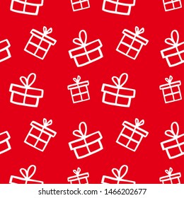 Seamless red background with gifts. Vector boxes. Birthday card. Christmas background with gifts.