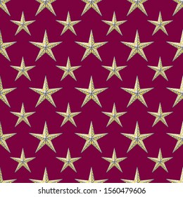 Seamless red background with golden christmas stars.