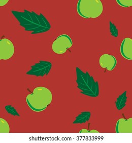 Seamless red background with a green apple and leaves
