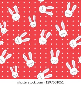 seamless red background happy cute bunny pattern vector