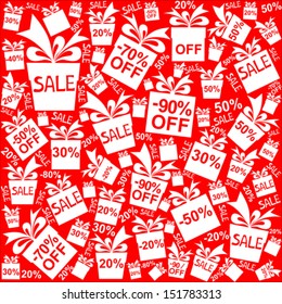 Seamless red background with lots of discounts. Gift boxes seamless pattern. Vector Illustration 