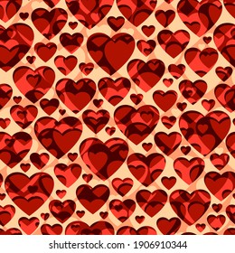 Seamless red background of sheet perforating layers and many hearts holes with shadows on it.