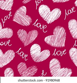 Seamless red background with sketchy hearts and freehand text "love"