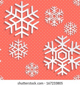 Seamless red background with stylized Christmas 3d snowflakes. Christmas. New Year background illustration. Holiday design. Winter. Backdrop.. EPS 10 vector.