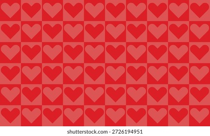Nahtloser roter Hintergrund für Valentinstag-Kartenvorlage. Trendy geometrische Formen mit Quadraten und Herzen im Retro-Stil für einen Valentinstag oder Hochzeitstag Cover.