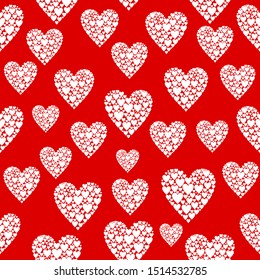 Seamless red background with white hearts of different sizes. Vector pattern of full color.  