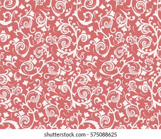 Seamless red background with white pattern in baroque style. Vector retro illustration. Ideal for printing on fabric or paper.