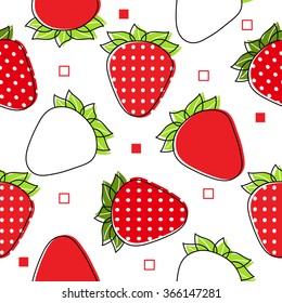 Seamless red beautiful strawberry and leaves pattern with dots. Vector delicious ripe food background. Sweet berry illustration. Wild strawberries of forest and garden berries. 