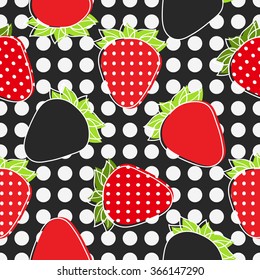 Seamless red beautiful strawberry and leaves pattern with dots. Vector delicious ripe food background. Sweet berry illustration. Wild strawberries of forest and garden berries. 