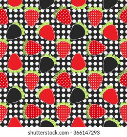 Seamless red beautiful strawberry and leaves pattern with dots. Vector delicious ripe food background. Sweet berry illustration. Wild strawberries of forest and garden berries