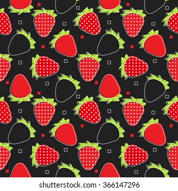 Seamless red beautiful strawberry and leaves pattern with dots. Vector delicious ripe food background. Sweet berry illustration. Wild strawberries of forest and garden berries. 