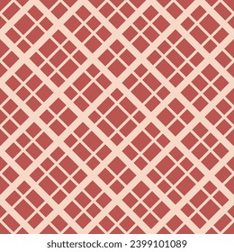 Seamless red and beige diagonal line pattern. Simple retro vintage style geometric texture with lattice, grid. Vector ornament, elegant abstract background. Repeat design for decor, textile, print