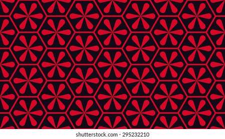 Seamless red and black asian hexagonal floral pattern vector