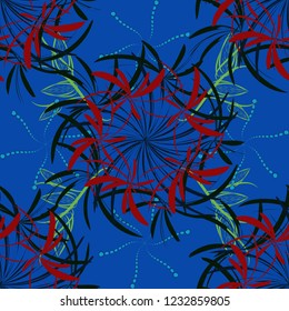 Seamless red, black and blue background with abstract flowers and elements. Ideal for printing on fabric or paper. Vector retro illustration.