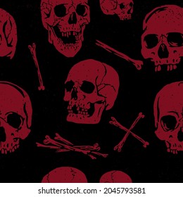 Seamless red and black dark grunge skulls and bones pattern vector