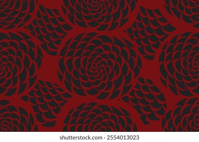 Seamless Red and Black Floral Swirl Pattern with Abstract Scales Design
