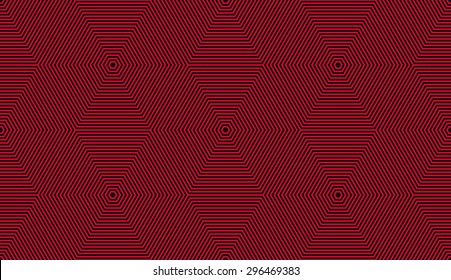 Seamless red and black op art perfect lines hexagonal illusion pattern vector