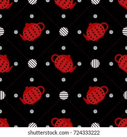 seamless red with black polka dot teapot pattern on black background like a ladybug