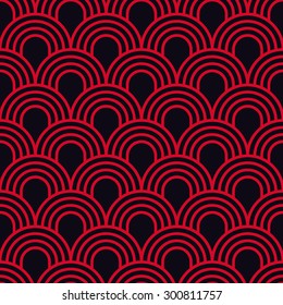 Seamless red and black simple art deco wave scales pattern vector
