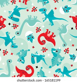 Seamless red and blue baby dinosaur animal illustration background pattern in vector 