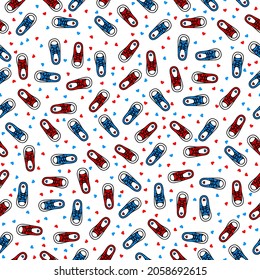 Seamless red and blue color sneakers doodle background with hearts. Cartoon sketch vector illustration.