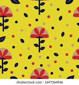 Patrón floral azul y rojo impecable en el vector de fondo amarillo