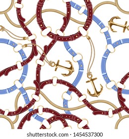 Seamless with red ,blue leather belts, gold metallic anchor and rope for fabric design. Abstract  pattern illustration on white background. Idea for material, scarf, fabric, textile, wallpaper .