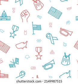 Seamless red and blue outline icon pattern of American holidays things.