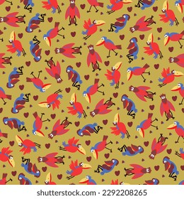 Seamless red and blue raven pattern. Cartoon colorful flying birds, crow bird background. Wrapping gift paper and textile