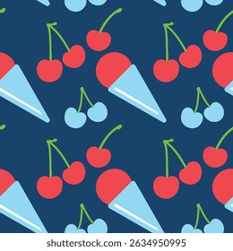 Conos de nieve rojos y azules sin costuras y cerezas para patrones de verano. Manteles, papel de regalo, servilletas. Repitiendo cereza en múltiples colores sobre un fondo azul marino. Ilustración vectorial 10.