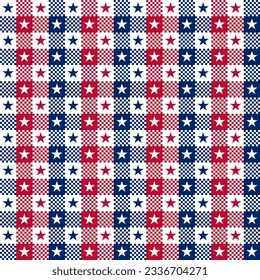 Seamless red blue united stages flag color plaid fabric pattern background textile design for wallpaper, texture, printing, clothing. Vector.