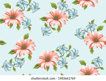 seamless red and blue vector flower Pattern on blue background