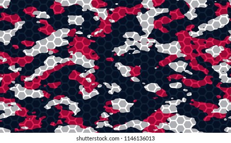 Seamless Red Blue And White Camo With Hi-tech Hexagonal Grid Pattern Vector